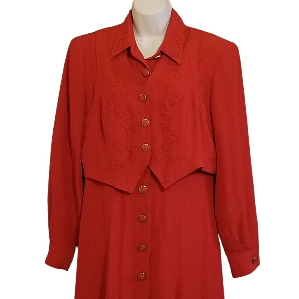 Howard Wolf Maxi Dress 12 Detachable Vest Long Sleeve Trim Buttons Red Vintage - Picture 1 of 15